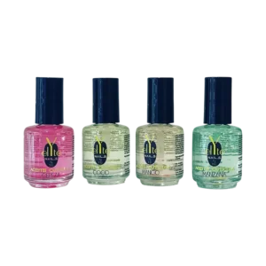 Botellas de aceites cuticulares de la marca Elite Nails en cuatro fragancias: cereza, coco, mango y manzana, ideales para el cuidado de las uñas y la piel.